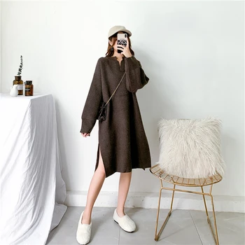 LANMREM 2020 Korean style V-neck loose Split pullover ankle- length knitted office lady thick long sweater for women kintted 
LANMREM 2020 Korean style V-neck loose Split pullover ankle- length knitted office lady thick long sweater for women kintted