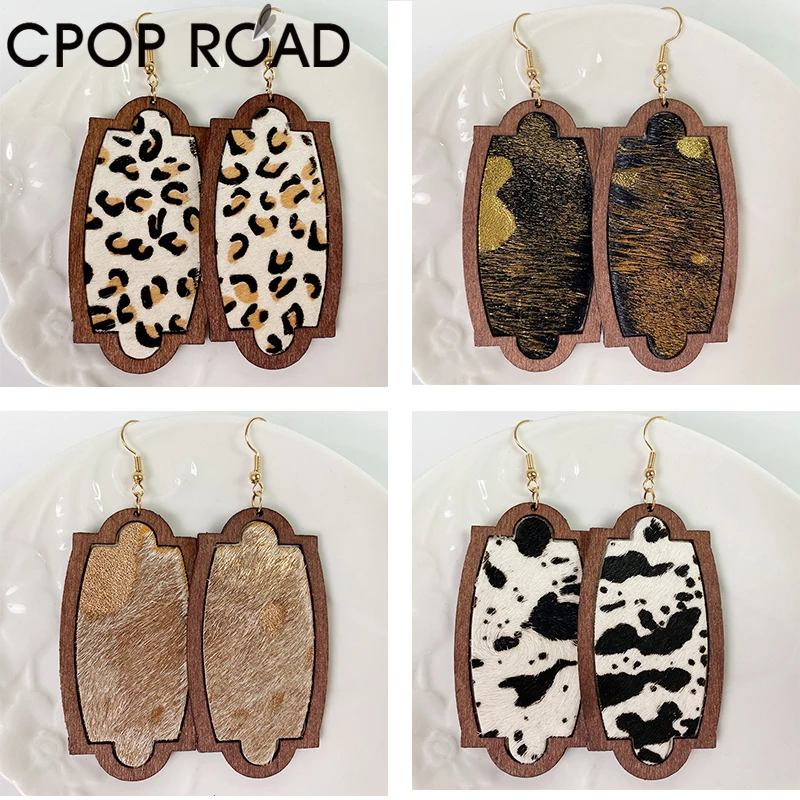 Cpop Wood Genuine Leather Earrings Horse Hair Golden Point Leopard Cow Color Pendant Dangle Texture Jewelry Gift | Украшения и