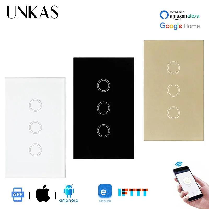 UNKAS США Стандартный WIFI Ewelink 3 Gang 1 Way панель из хрустального стекла сенсорный