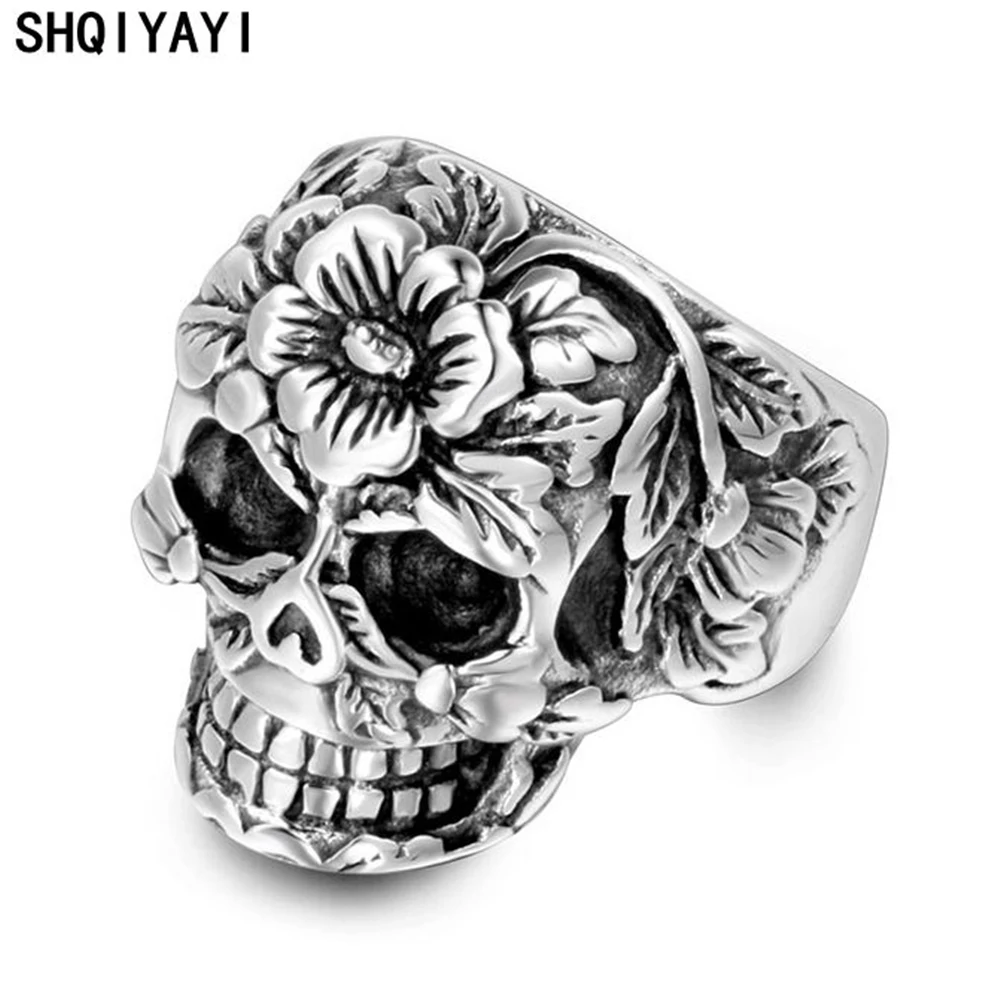SHQIYAYI 316L кольца из нержавеющей стали с черепом для мужчин Ретро стиль цветок панк