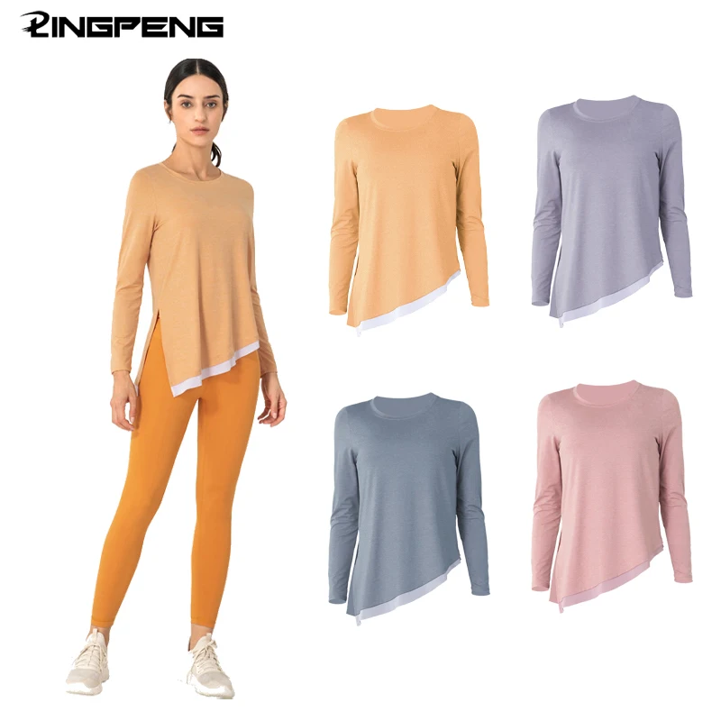 

Contrasting Color Workout Clothes Women Slit Hem Sports Long-sleeved T-shirt Loose Blouse Mesh Bandage Yoga Wear