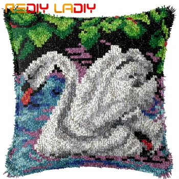 

Latch Hook Cushion White Swan Lake Pillow Case Acrylic Yarn Pillow Pre-Printed Color Canvas Crochet Cushion Cover Hobby & Crafts
