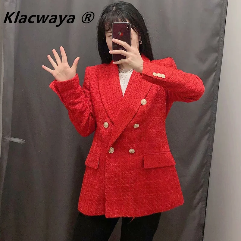 Женский красный твидовый текстурированный двубортный Блейзер Klacwaya модный