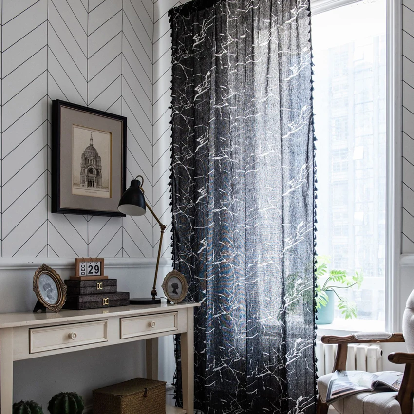 

Black Marbling Curtain Cotton Linen High Quality Simple Modern Blackout Semi-shading Bay Window Cover for Home Living Room Hooks