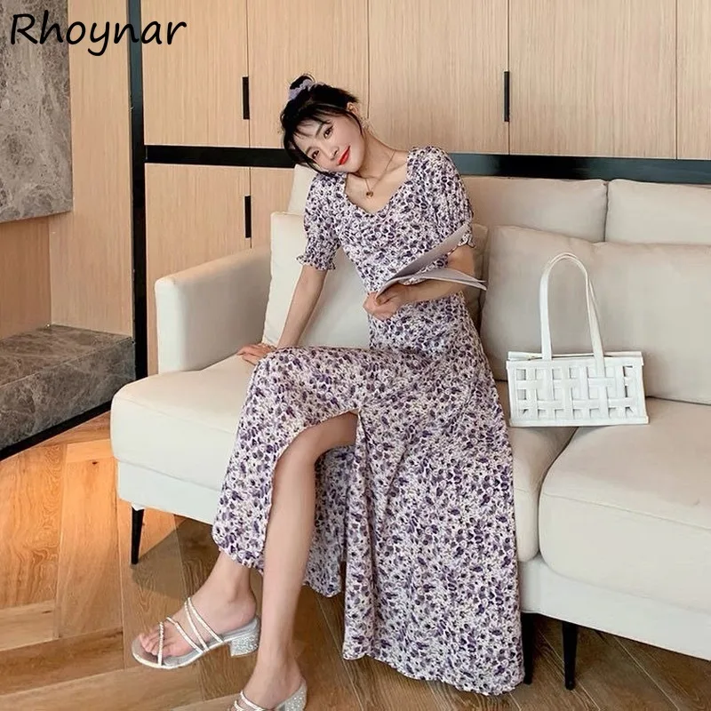 

Short Sleeve Dress Women Summer French Style Side-Slit All-match Sundress Vintage Floral Mid-calf Girls Kawaii Holiday Vestido