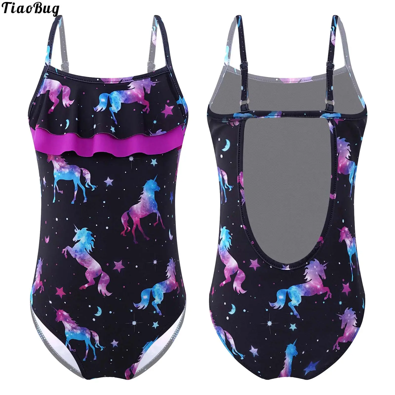 

TiaoBug Kids Girls One-Piece Straps Ruffle Hem Fish Scales Print Jumpsuit Swimwear Swimming Bathing Pool Beach Bodysuit Bikini