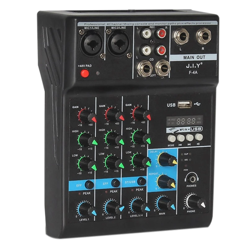 Professional 4 Channel Bluetooth Mixer o Mixing DJ Console with Reverb Effect for Home Karaoke USB Live Stage KTV
Professional 4 Channel Bluetooth Mixer o Mixing DJ Console with Reverb Effect for Home Karaoke USB Live Stage KTV