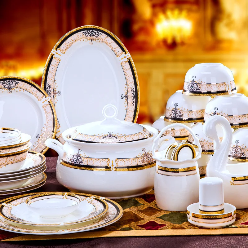 Фото Набор посуды 28 головок 56 дюймов Золотая Венская Цзиндэчжэнь керамическая посуда