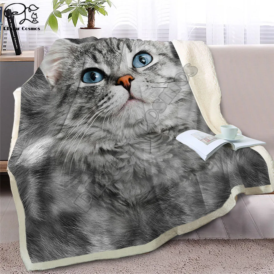 

Gray Cat Throw Blanket on Bed 3D Animal Plush Sherpa Blanket Pet Siamese Bedspreads Fur Print Thin Quilt Drop Ship style-1