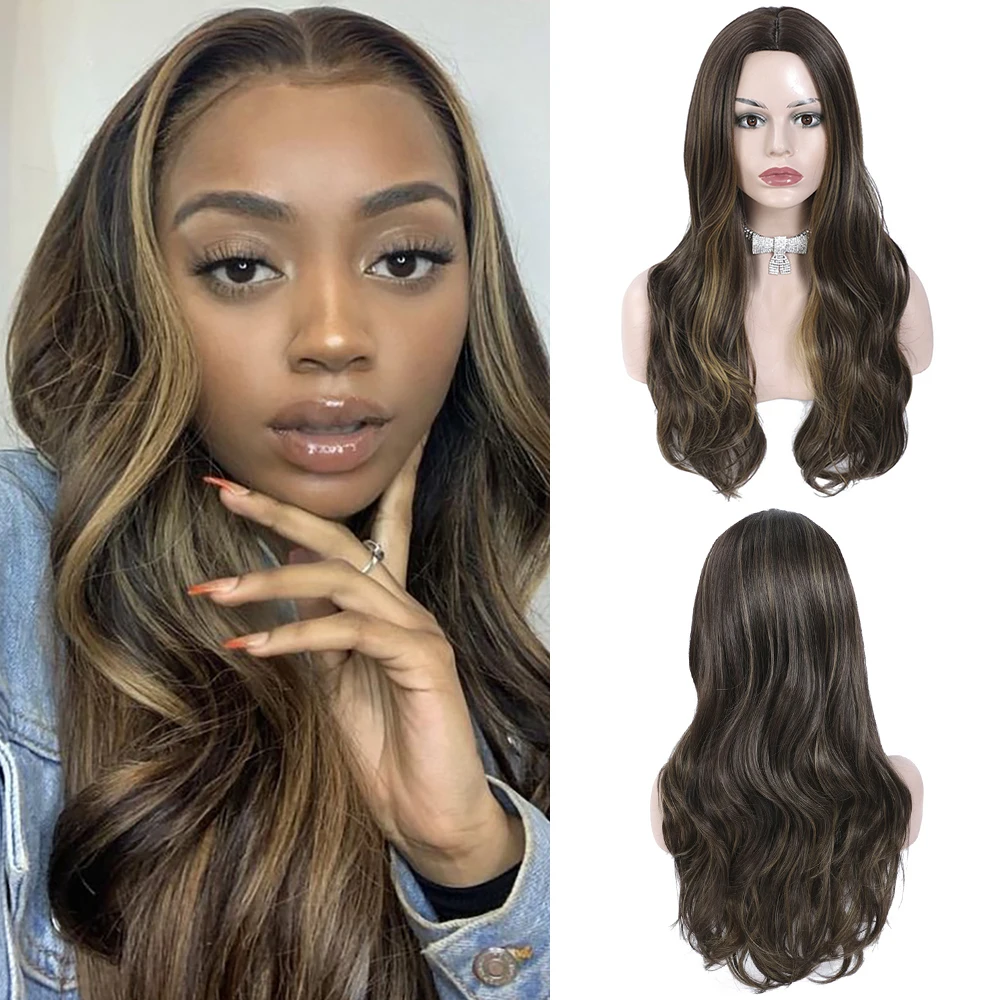 

X-TRESS Highlight Wig Brown Honey Blonde Colored Synthetic Wig For Women Layered Body Wave Long Middle Part Hair Wigs Glueless