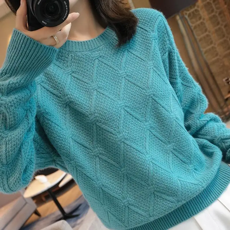 

PEONFLY Korean New Fashion Women Sweaters Solid Twisted Patchwork Pullovers Long Sleeve Autumn Winter O-neck Knitwear Green PINk