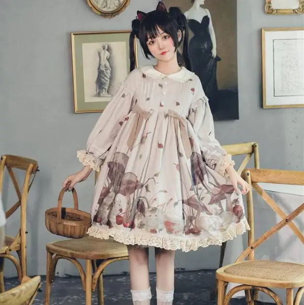 

Vintage sweet lolita dress palace lace bowknot high waist cute printing victorian dress kawaii girl gothic lolita op loli cos