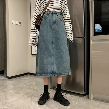 long denim women skirts 2020 summer vintage high waist pocket solid knee-length lady elegant skirts top quality
long denim women skirts 2020 summer vintage high waist pocket solid knee-length lady elegant skirts top quality
