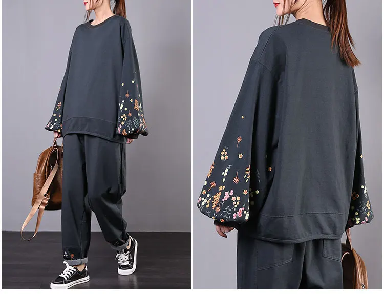 2020 female new spring korean style plus size literary retro lantern sleeves casual fashion floral loose suit