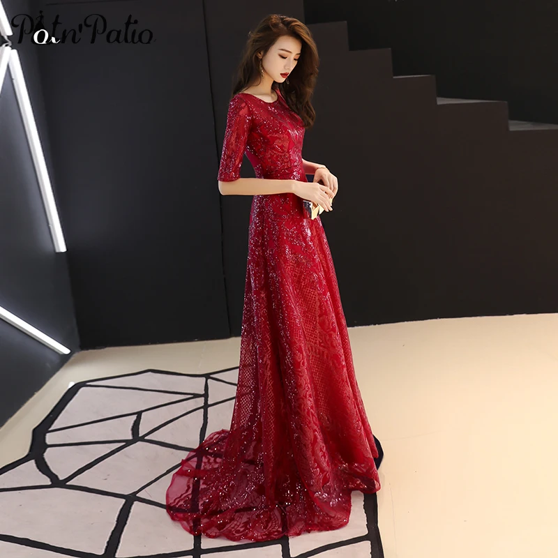 Luxury Sequined Wine Red Long Evening Dresses With Sleeves Plus Size 2019 A-line Floor-length Formal Evening Gowns With Train
Luxury Sequined Wine Red Long Evening Dresses With Sleeves Plus Size 2019 A-line Floor-length Formal Evening Gowns With Train