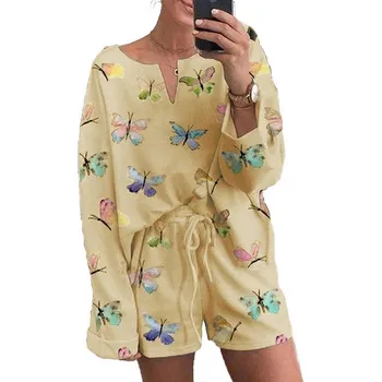 2020 Autumn Womens Two Piece Sets Sleepwear Long Sleeve Round Collar Tops Lace-up Shorts Butterfly Print Loose Elastic Split Set
2020 Autumn Womens Two Piece Sets Sleepwear Long Sleeve Round Collar Tops Lace-up Shorts Butterfly Print Loose Elastic Split Set