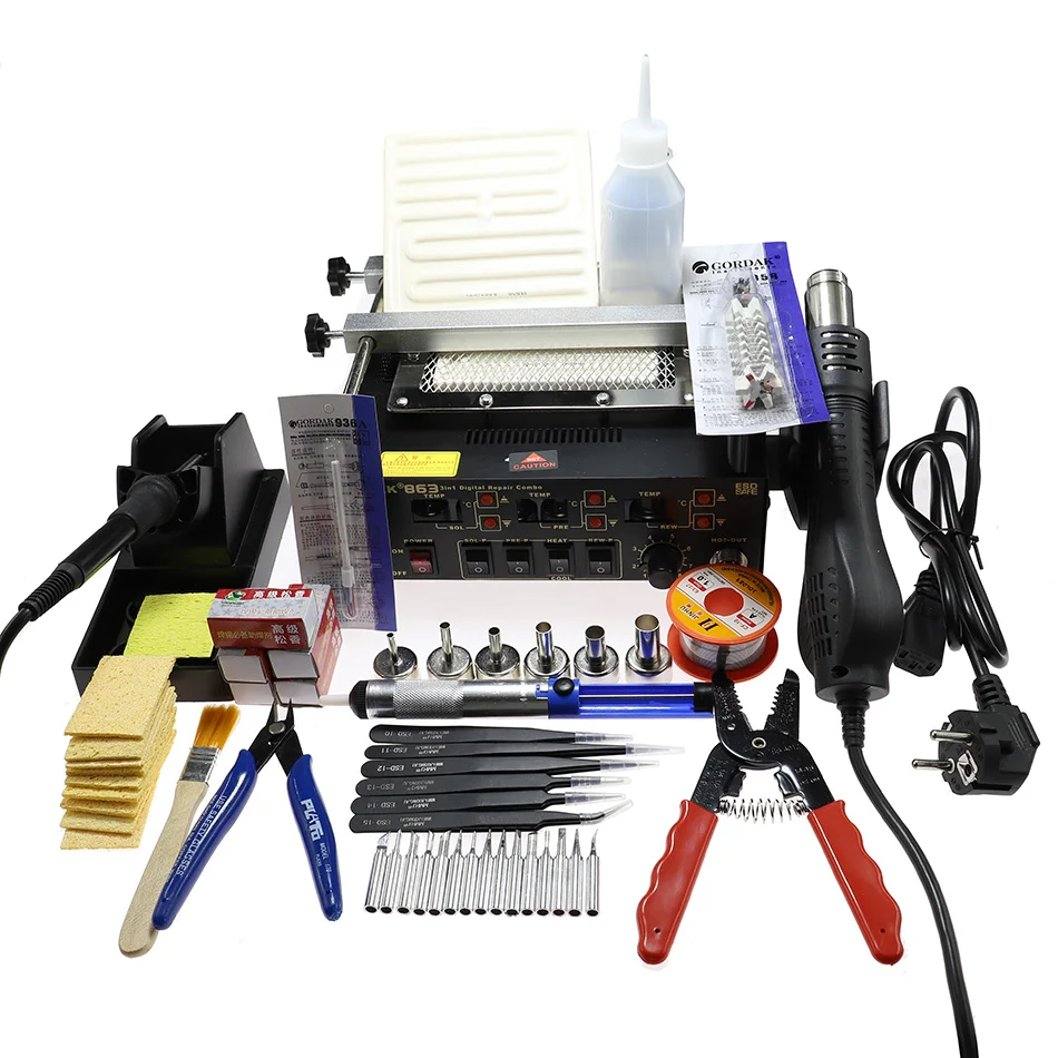 Gordak 863 3 in 1 soldering Station Digita Hot Air Heat Gun Electric Soldering iron BGA ReworkIR Infrared Preheating Station
Gordak 863 3 in 1 soldering Station Digita Hot Air Heat Gun Electric Soldering iron BGA ReworkIR Infrared Preheating Station