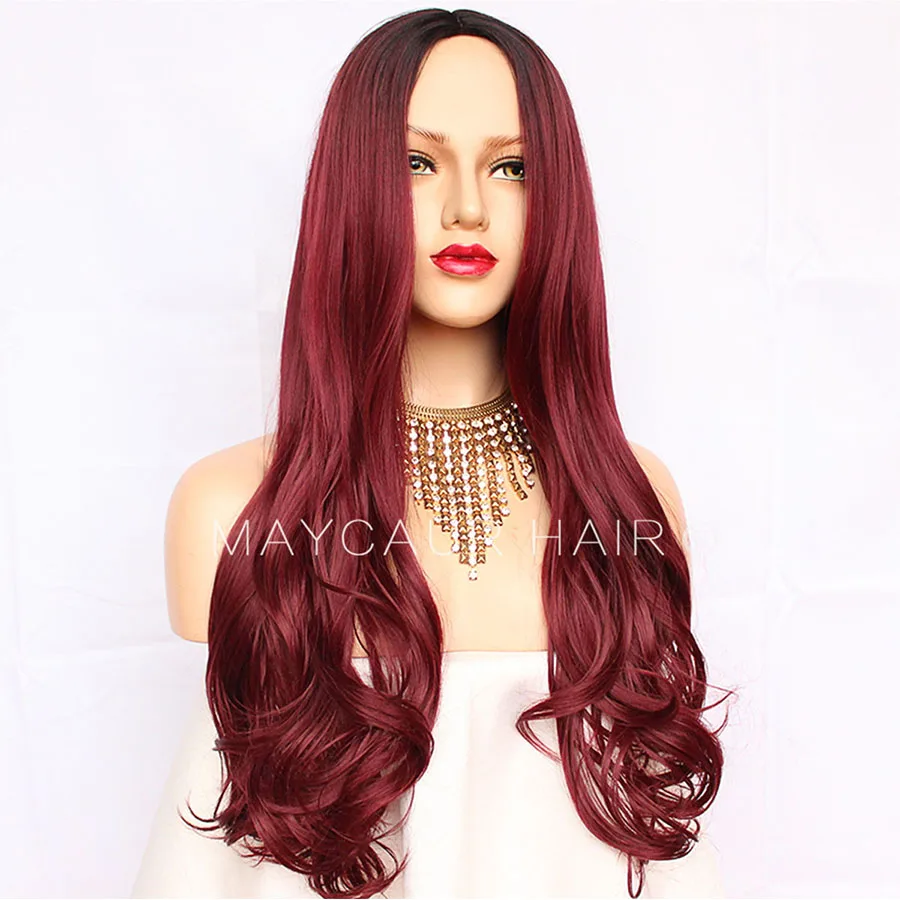 Maycaur Ombre Color Burg Red Wigs Synthetic Heat Resistant Hair Wig 4 Inch Middle Part Long Wavy Glueless Synthetic Wigs For Black Woman (8)