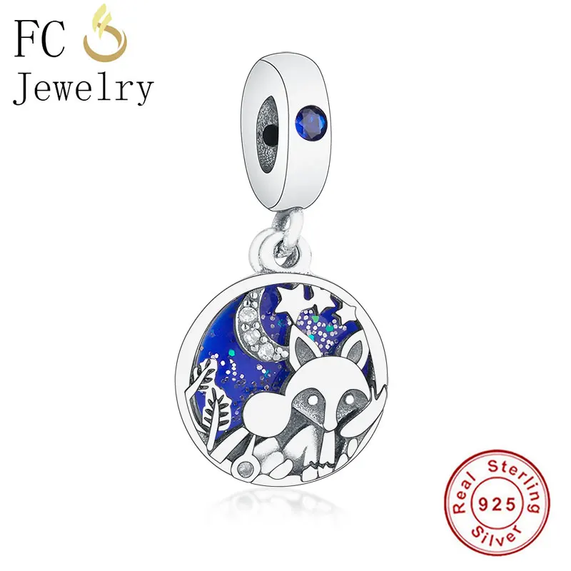 

FC Jewelry Fit Original Pandora Charms Bracelet 100% 925 Silver Blue Enamel Animal Fox Rabbit Moon Star Pendant Beads Berloque