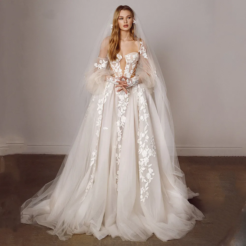 

Ramanda Off Shoulder Puffy Sleeves Tulle Princess Wedding Dress Illusion Sweetheart A-Line Lace Appliques Backless Bridal Gown