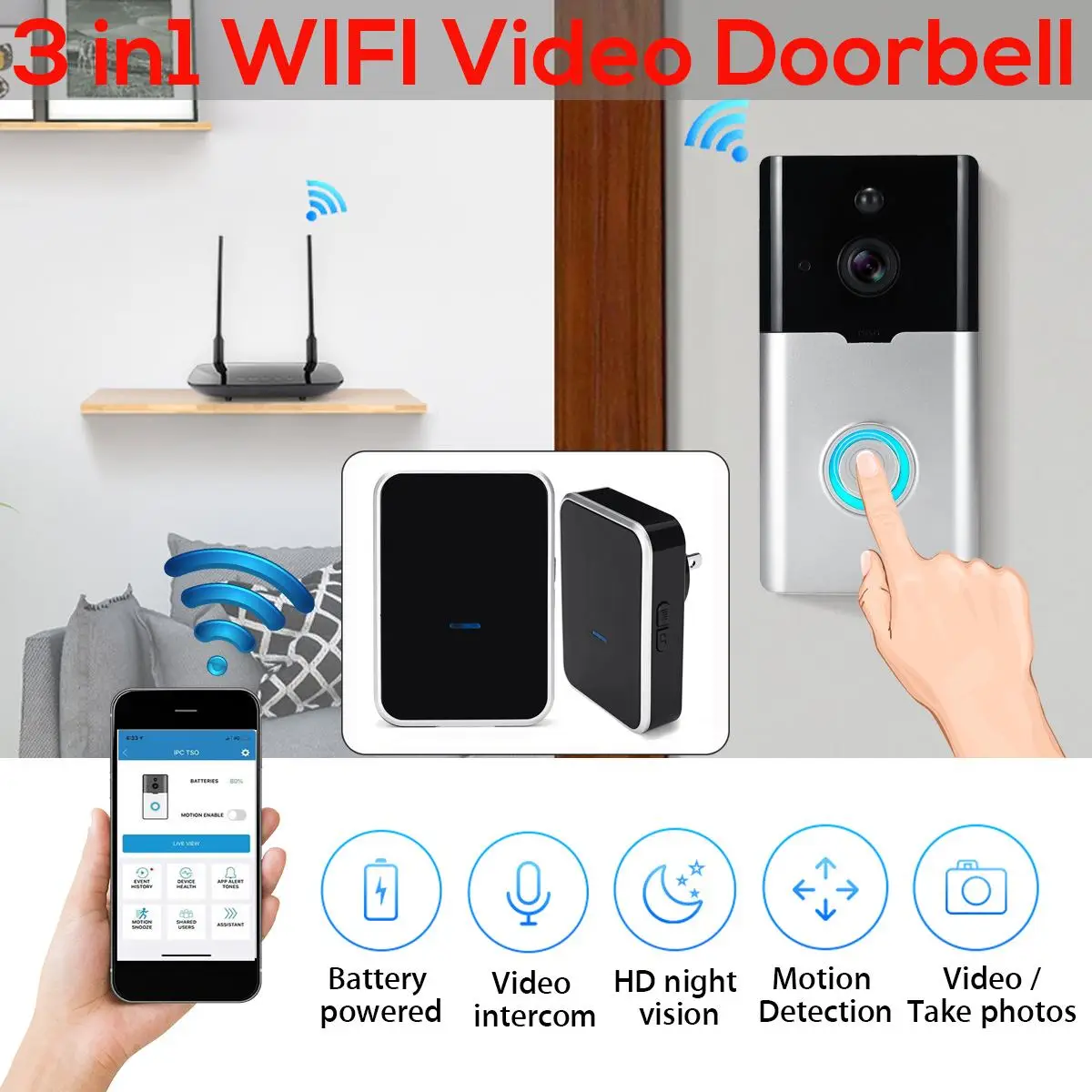 Smart Wifi Video Doorbell Night Vision Camera 1080P Visual Call Intercom Door Bell Wireless Remote Home Security Monitoring
Smart Wifi Video Doorbell Night Vision Camera 1080P Visual Call Intercom Door Bell Wireless Remote Home Security Monitoring