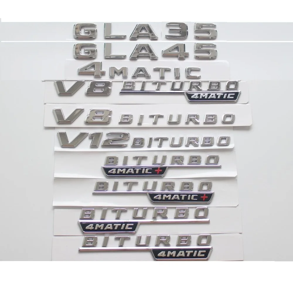 Chrome Letters GLA35 GLA45 GLA45s Emblem V8 V12 TURBO 4MATIC Sticker for Benz W156 W157 AMG Trunk Fender Emblems
Chrome Letters GLA35 GLA45 GLA45s Emblem V8 V12 TURBO 4MATIC Sticker for Benz W156 W157 AMG Trunk Fender Emblems