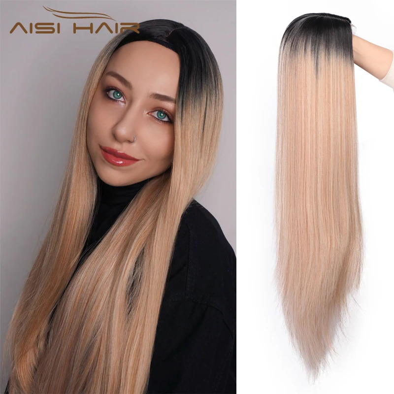 

AISI 30inches Straight Ombre Blonde Black Wig Synthetic Wigs for Women Natural Middle Part Long Lace Wig Heat Resistant Fiber