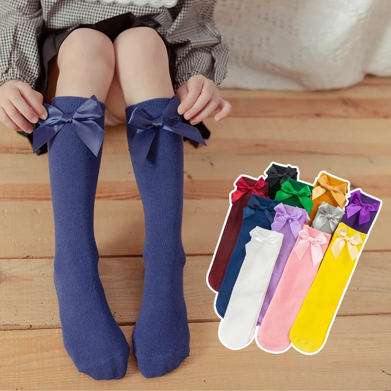 

3-12Y infant autumn candy color bowknot socks child cotton long stockings baby girls warm multicolor spring over knee high socks