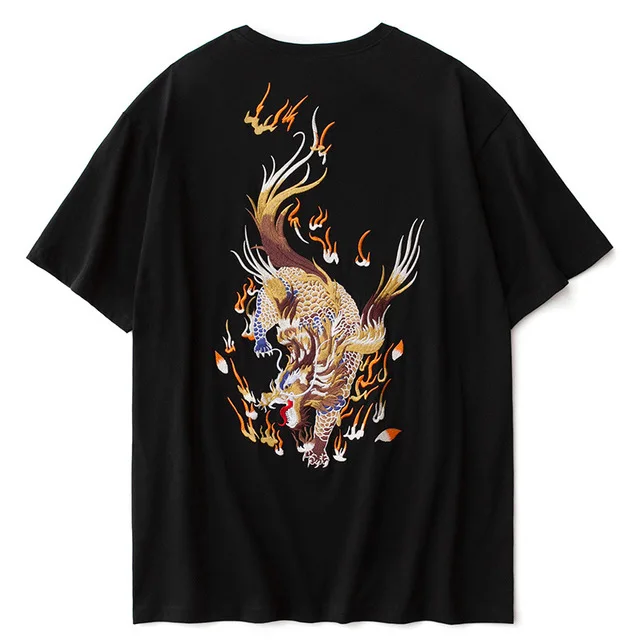 

Wind Chinese National Tattoo Dragon Embroidery T Shirt Mens Casual Loose Cotton Hip Hop Short Sleeve T-shirt Tops Tee Shirts