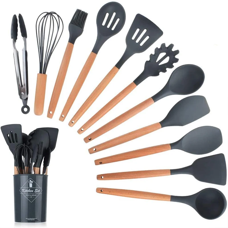 

12pcs Kitchen Utensil Set Nonstick Silicone Cooking Utensils Cookware Wooden Handle Spoon Spatula with Storage Box Kitchen Tools