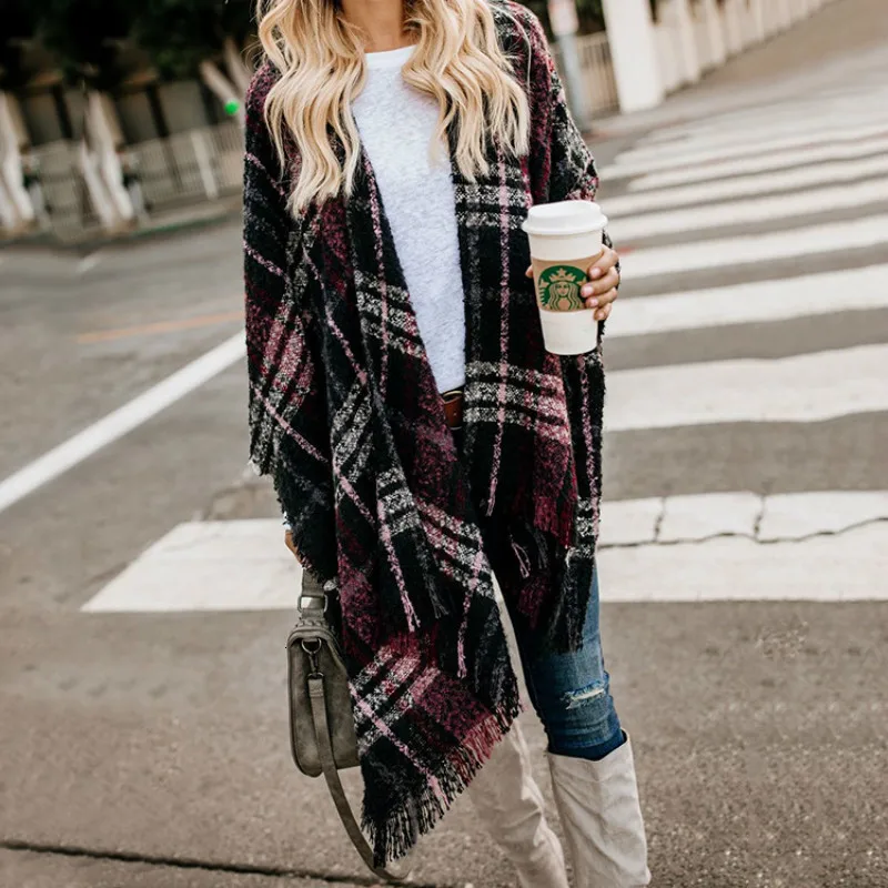 

Uguest Women 2019 Sweater Cardigan Tassels Knitting Plaid Batwing Sleeve Poncho Loose Coat Casual Cape Coat Tops Autumn Winter