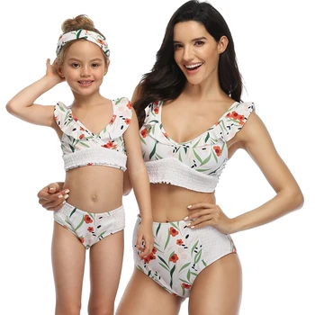 

V-Neck Ruffled Mother Daughter Matching Swimsuits Mommy and Me Swimwear Family Look Mom Mum and Baby Women Girls Dresses Clothes