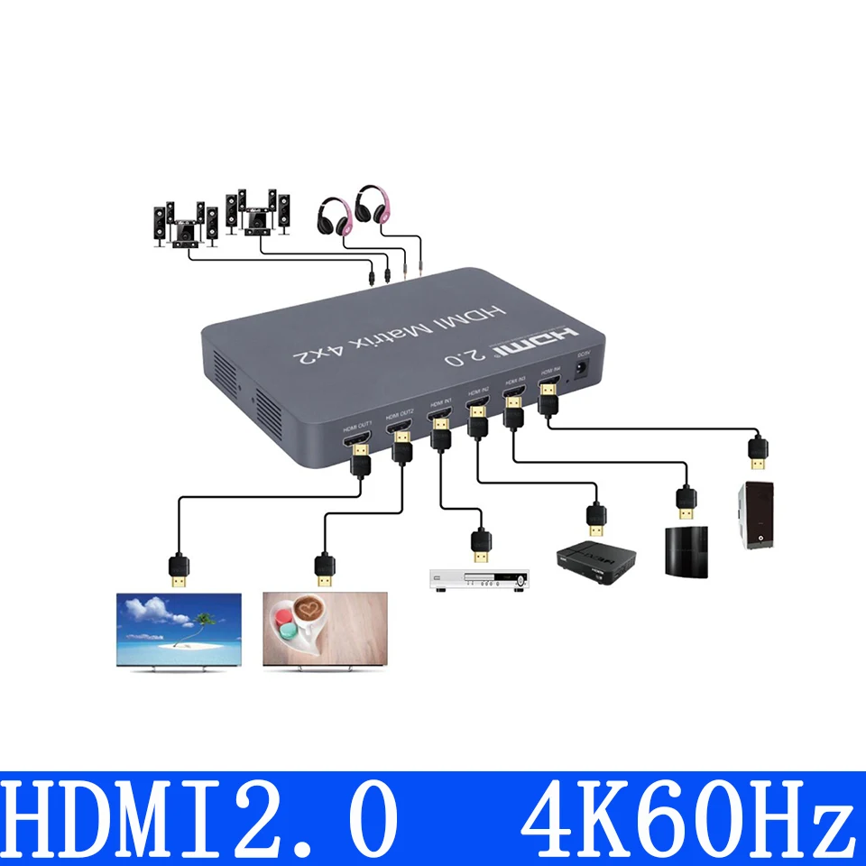 HDMI 2.0 Matrix 4x2 Scaler 4K 60Hz HDMI Switch Splitter Matrix support audio independent out by Optical or Stereo LPCM/Dolby/DTS
HDMI 2.0 Matrix 4x2 Scaler 4K 60Hz HDMI Switch Splitter Matrix support audio independent out by Optical or Stereo LPCM/Dolby/DTS