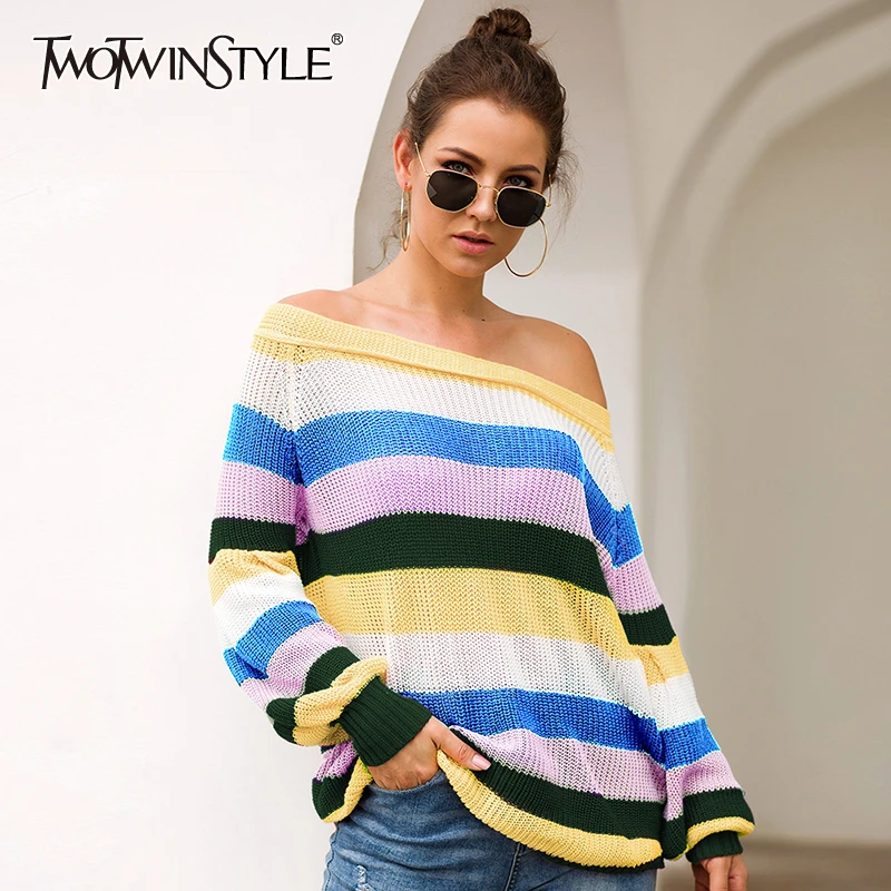 TWOTWINSTYLE Hit Color Knitting Women Sweaters Slash Neck Lantern Sleeve Pullovers Striped Sweater Female 2019 Fashion New
TWOTWINSTYLE Hit Color Knitting Women Sweaters Slash Neck Lantern Sleeve Pullovers Striped Sweater Female 2019 Fashion New