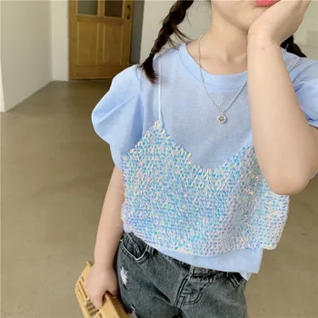 Summer girls t shirt Baby tee kids tops Children fashion clothes fake two strap glitter sequin patch puff sleeve 2 to 9 yrs
Summer girls t shirt Baby tee kids tops Children fashion clothes fake two strap glitter sequin patch puff sleeve 2 to 9 yrs