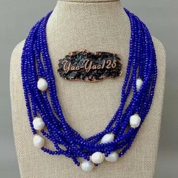 20" 10 Strands Faceted Blue Jade Gems Stone Cultured White Rice Pearl Necklace
20" 10 Strands Faceted Blue Jade Gems Stone Cultured White Rice Pearl Necklace