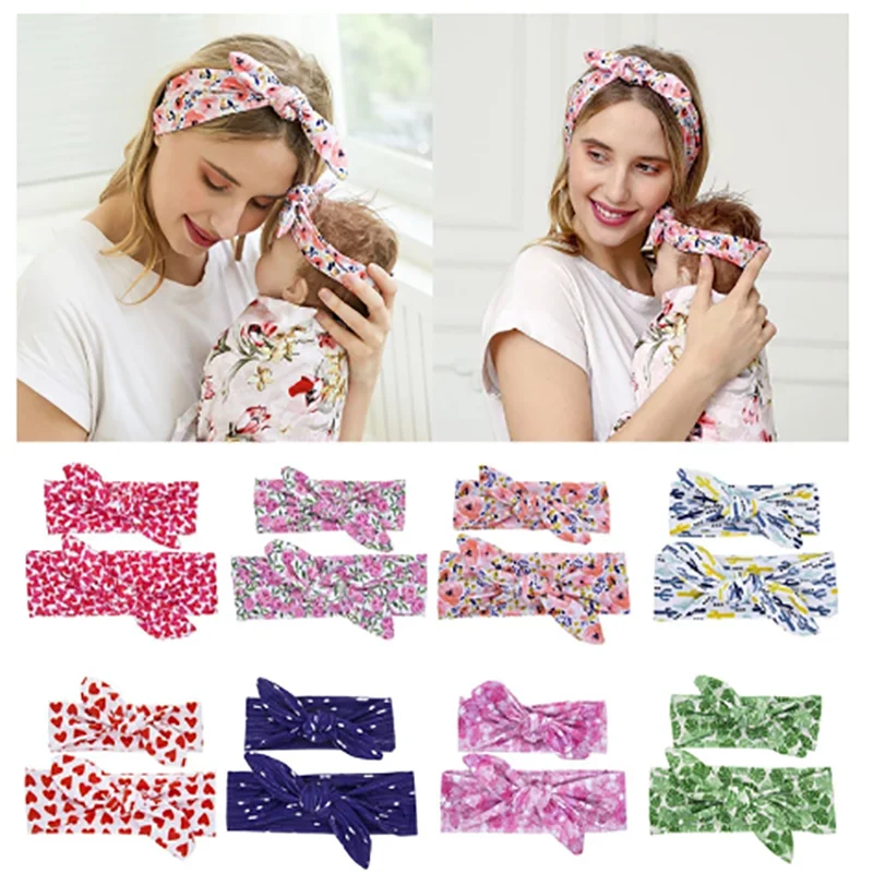 

2Pcs 2021 Hot Sale Print Hair Band Elastic Headband Parent-Child Set Cute Bunny Ears Headband Baby Hair Accessories Headdress