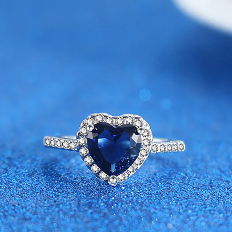 

Blue Heart Zircon Ring Girlfriend Birthday Present Glamour Love Engagement Ring Silver Color Female Ring Кольца 2021