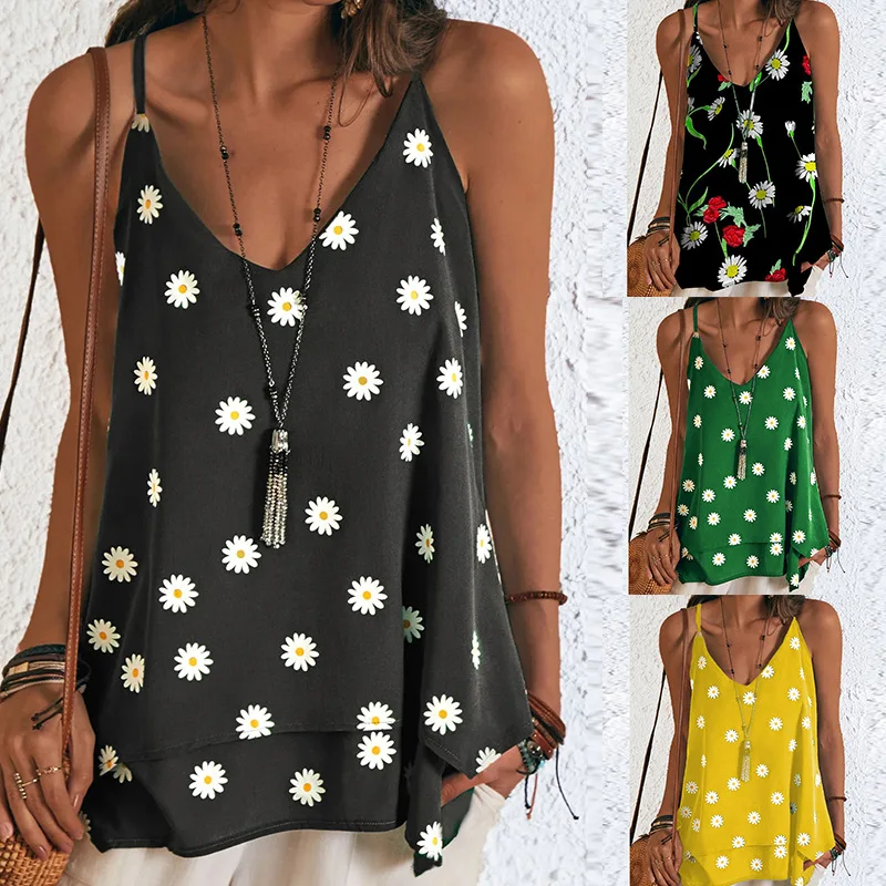 

2021 Women V Neck Vest Summer Sleeveless Strappy Tank Tops Printed Slim Sling Tops Office Lady Vest Tanks Female Casual T-Shirt