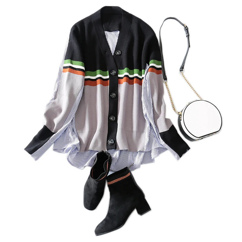 High Quality Stripe Stitched Wool Single Breasted Cardigan V-neck Wide Version And Long Sleeve T-shirt Medium Length Sweater
High Quality Stripe Stitched Wool Single Breasted Cardigan V-neck Wide Version And Long Sleeve T-shirt Medium Length Sweater