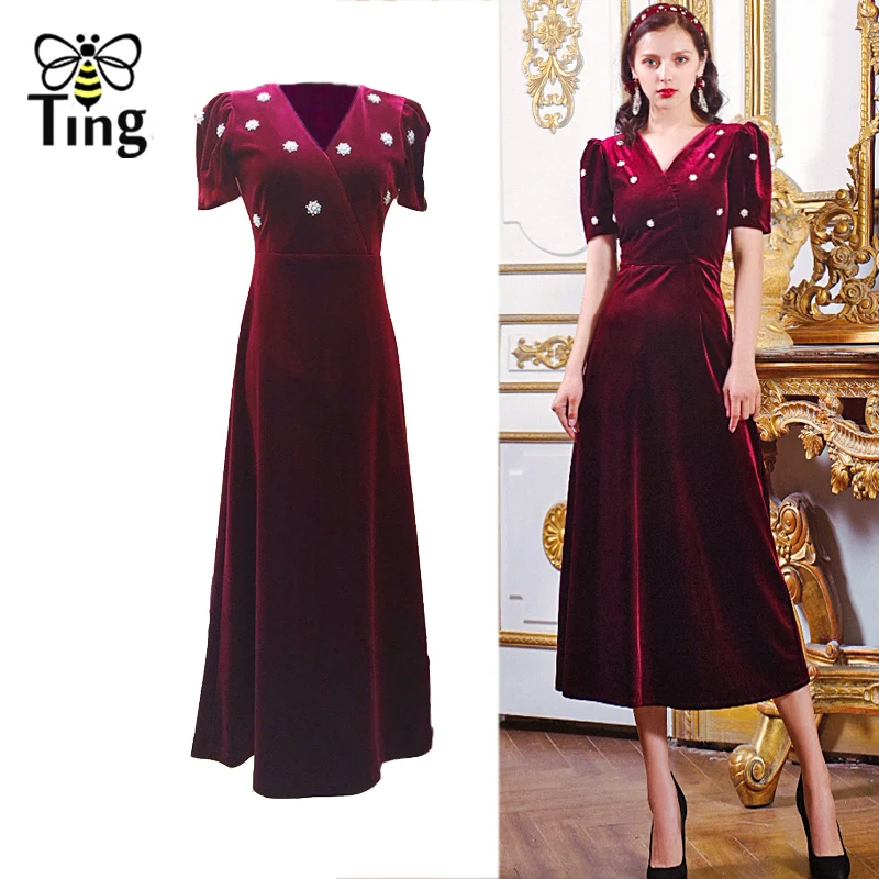 Tingfly 2020 Spring Designer Dark Red Velvet Dress Vintage Luxury Beading Party Night Dresses Cross V neck Midi Long Chic | Женская