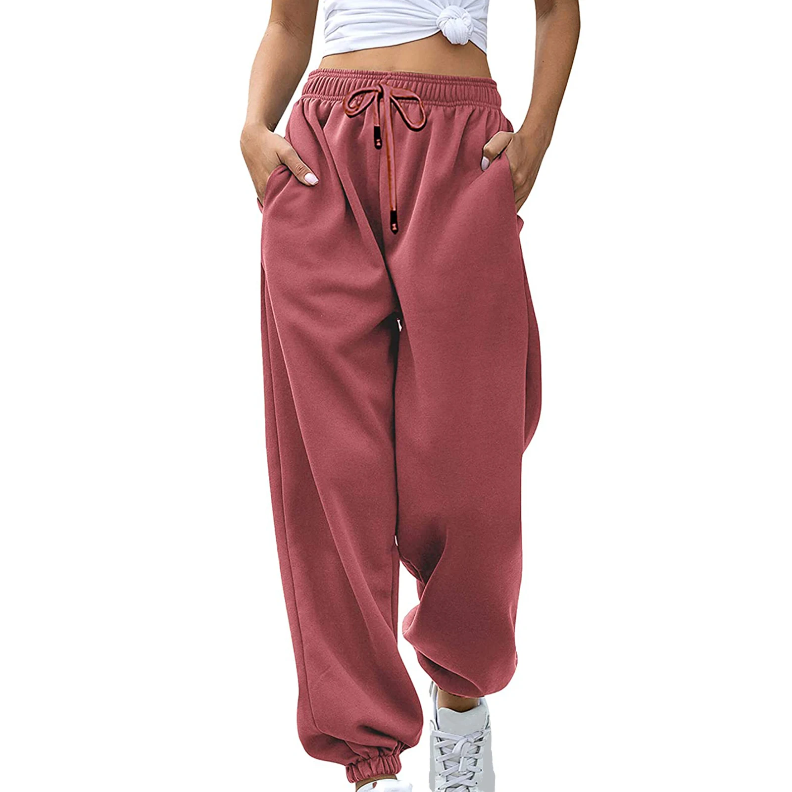 

wsevypo Casual Women's Drawstring Joggers Trousers Solid Color High Waist Loose Sweatpants Hip Hop Streetwear Sports Pants