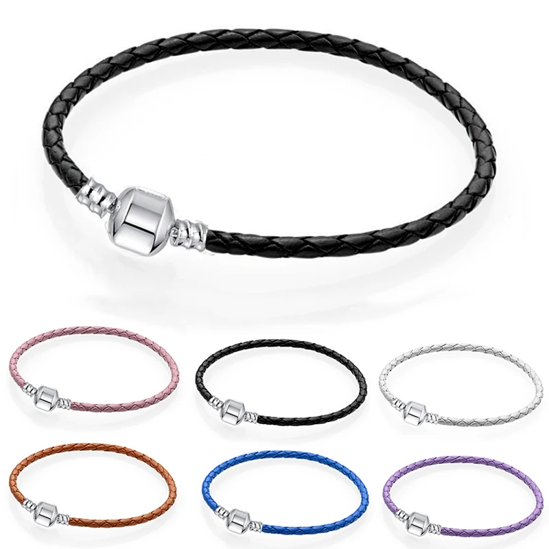 

TOGORY 16-21cm Genuine leather Ball & Barrel Clasp Charm Bracelets Bangle Fit Europe Silver Beads Snake Fine Bracelets Jewely