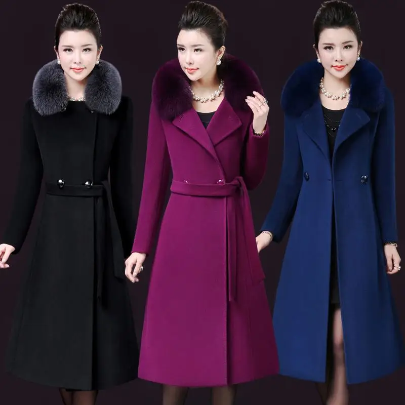 

Elegant Solid Woolen Winter Warm Coats Slim Pockets Office Wool Coat and Jacket Covered Button Fur Collar Ladies Lengthen Coats