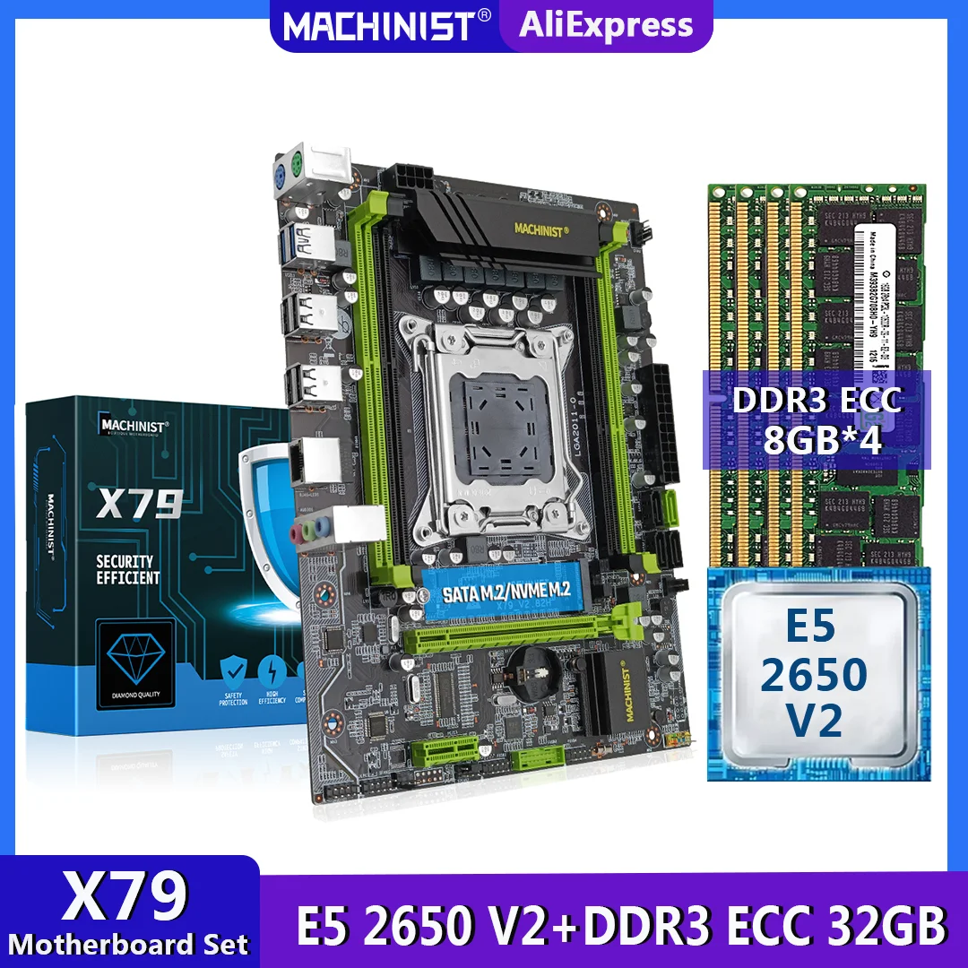 MACHINIST X79 материнская плата LGA 2011 комплект с процессором Xeon E5 2650 V2 32 Гб (4*8) DDR3 ECC ОЗУ