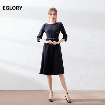 Elegant Women's Dress 2019 Autumn Office Lady O-Neck Color Block Stitching 3/4 Sleeve Mid-Calf Length Party Dark Blue Dress 
Elegant Women's Dress 2019 Autumn Office Lady O-Neck Color Block Stitching 3/4 Sleeve Mid-Calf Length Party Dark Blue Dress