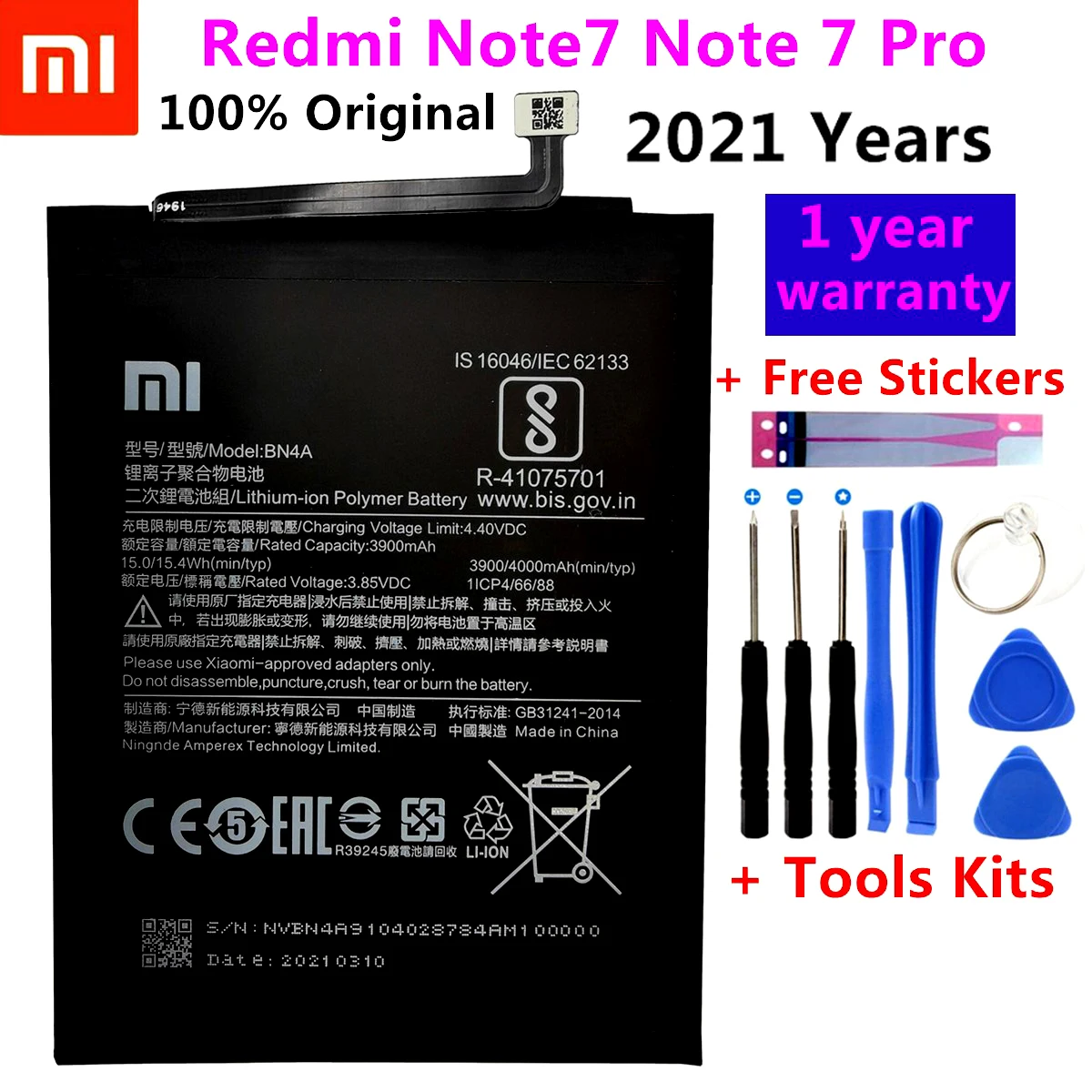2021 original Battery 4000mAh BN4A Phone Batteries For Xiaomi Redmi Note7 Note 7 Pro M1901F7C Genuine + Free Tools | Мобильные