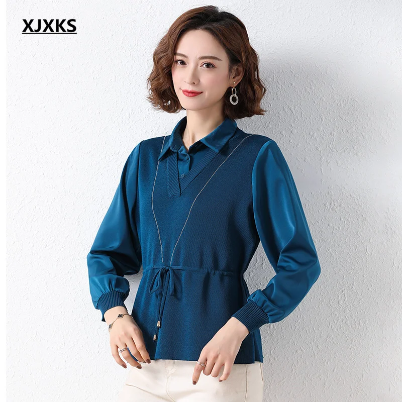 XJXKS 2022 spring autumn new style comfortable lapel women sweater fashion stitching knitted thin sweater women pullover
XJXKS 2022 spring autumn new style comfortable lapel women sweater fashion stitching knitted thin sweater women pullover