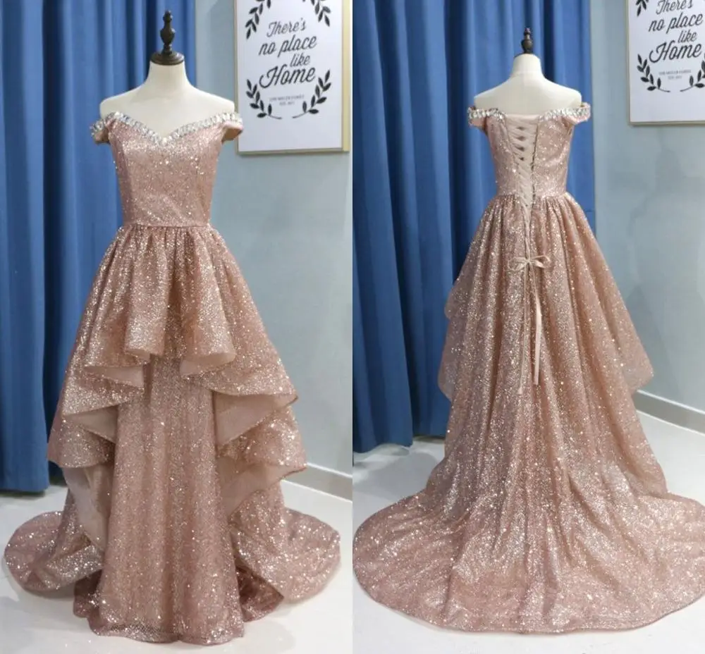 2020 Glitter Rose Gold Sequined Long Prom Dresses Sexy Off Shoulder Crystal Long Party Gowns Corset Back Formal Evening Dresses
2020 Glitter Rose Gold Sequined Long Prom Dresses Sexy Off Shoulder Crystal Long Party Gowns Corset Back Formal Evening Dresses