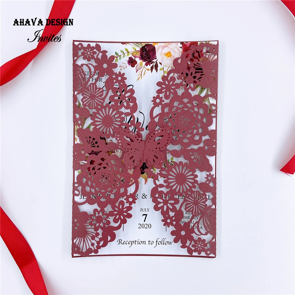 

Special Burgundy Laser Cut Wedding Invitations, Butterfly Laser Pocket With Customized Insert {Free Infinite Design Before Pay}